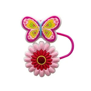 Silicone butterfly flower straw topper for cups, cute dust-proof straw cap cover.