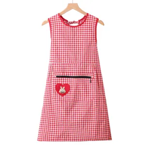 Red checkered kitchen apron with cute heart rabbit pocket and zipper, stylish cotton home bib.