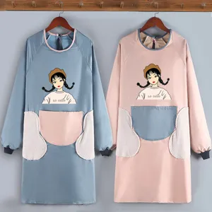 Waterproof Long Sleeve Apron With Pocket Cute Cartoon Print Kitchen Cooking Work Smock Adult Waterproof Overalls