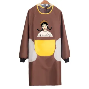 Waterproof long sleeve kitchen apron for adults, cute cartoon design with pockets for cooking.