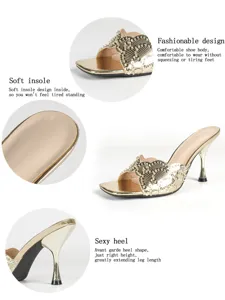 Gold rhinestone stiletto high heel sandals for women, elegant party fish scale party shoes.