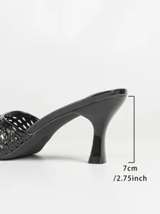 Schwarze gewebte High-Heel-Sandalen, stilvolle Stiletto-Pantoletten mit 7cm / 2.75 Zoll Absatz.
