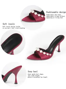 Detailed view of women heels sandals, pearl beaded strap and comfortable insole design.