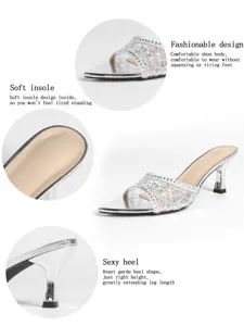 Detailed view of women silver rhinestone high heel sandals, mesh design, elegant evening shoes.