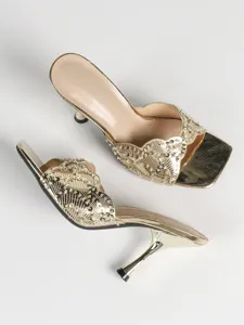 Elegant gold high-heeled sandals with sparkling rhinestone sequin straps and square toe