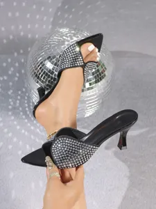 Zwarte muiltjes met hoge hak en strass steentjes spitse neus elegante schoenen voor feest dames