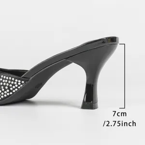 Women black pointed slim heel rhinestone sandals open toe fashion mules 7cm heel main view.