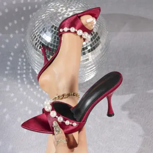 Burgundy satin high heel mules with pearl and chain decoration for women summer party chic shoes