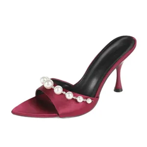 Women Summer Satin Pointed Toe Mules High Heels Elegance Pearl Chain Slip On Sandals