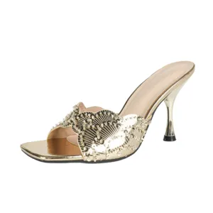 Gold crystal high heel mules women luxury rhinestone stiletto sandals party dress shoes