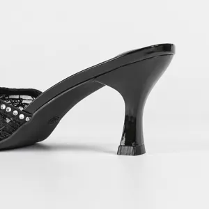 Black mesh rhinestone high heel mules, sexy summer sandals with 7cm elegant chunky heel.