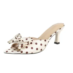Chic polka dot bow stiletto high heel mules for women, trendy French summer slip-on shoes.