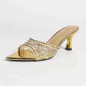 Gold high heel sandals for women, pointed toe mesh rhinestone mules, sexy summer shoes.