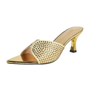 Vrouwen Goud Strass Puntige Teen Stiletto Hoge Hak Mules Elegante Party Schoenen