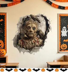 3D Halloween muursticker detail horror vogelverschrikker met raven die door de muur breken