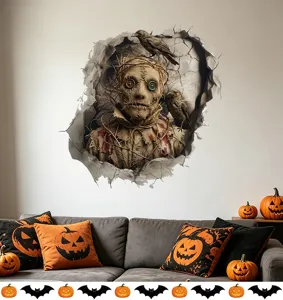 Gedetailleerd overzicht van 3D Halloween vogelverschrikker muursticker op witte muur