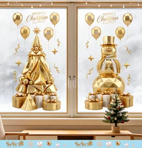 Festive golden Christmas window stickers set featuring tree, snowman, balloons and gifts