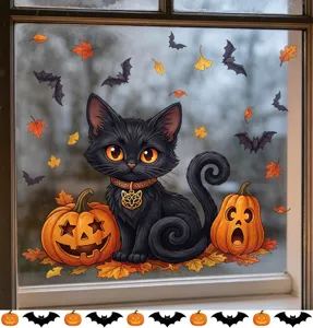 Cartoon black cat and pumpkin Halloween window stickers applied on frosted glass surface.