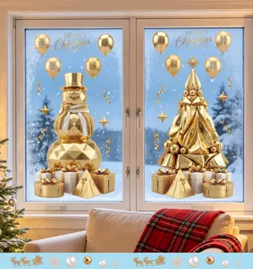 Golden Christmas window stickers with faceted snowman and tree on frosted glass