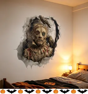 Griezelige 3D Halloween muursticker met een vogelverschrikker die door een muur heen breekt.