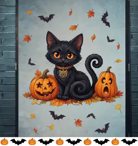 Detailed view of Halloween window sticker with cute black cat, pumpkins and bats