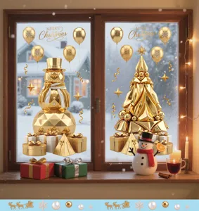 Golden geometric Christmas window stickers featuring snowman and tree on a window