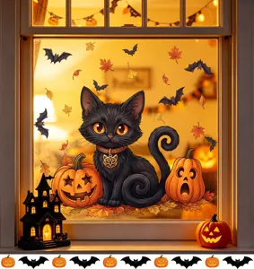 Cute cartoon black cat and pumpkin Halloween window stickers for festive home decor