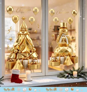 Detailed macro view of elegant golden Christmas tree and snowman static window decals set
