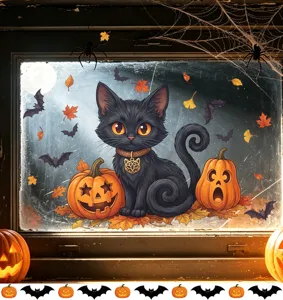 Static Halloween window sticker featuring a cute black cat, pumpkins and bats in a scene