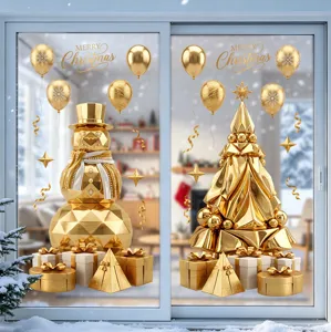 Golden Christmas window stickers with geometric snowman and tree decor