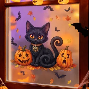 Close-up of Halloween window sticker featuring a cute black cat, pumpkins and bats