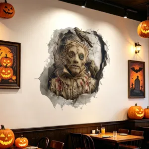 Halloween 3D Gebroken Muur Vogelverschrikker En Kraai Muursticker Griezelige Sfeer Decoratief Verwijderbaar PVC Zelfklevend