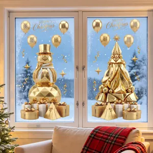 Golden Geometric Christmas Tree Snowman Window Stickers Metallic Static Cling Festive Window Decals For Glass Door Shop Decor