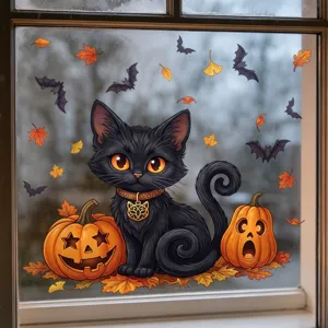 Halloween Window Clings Static Stickers Cartoon Black Cat Pumpkin Bats Maple Leaves Double Sided Glass Decal Holiday Home Decor