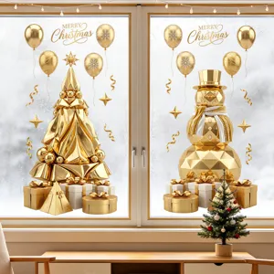 Elegant golden Christmas window stickers set with 3D tree, snowman and balloons