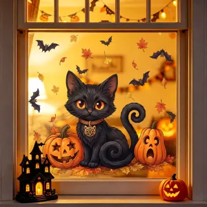 Halloween decorative cartoon black cat and pumpkin static window stickers for home decor