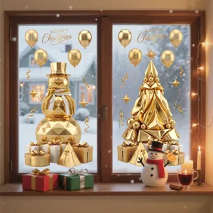 Golden geometric Christmas tree and snowman static window cling stickers for holiday decor