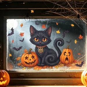 Cute Halloween cartoon black cat and pumpkin static window sticker for festive home decor.