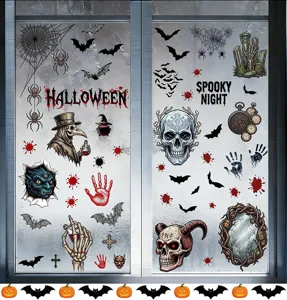Detailed view of Halloween static stickers featuring skulls, bats and blood handprints on glass.