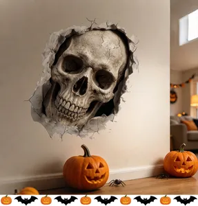 Adesivo murale teschio 3D realistico che attraversa il muro per decorazione di Halloween