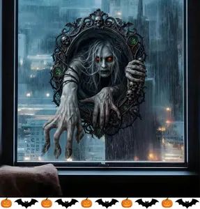 Scary Halloween ghost window decal sticker with a gothic mirror and creepy skull frame design
