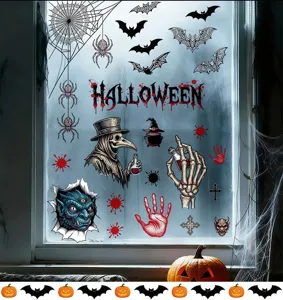Detailed display of Halloween window stickers featuring plague doctor and blood handprints.