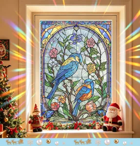 Stained glass window film with colorful blue birds and floral design for Christmas decor
