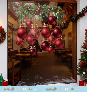 Vue détaillée d'autocollants statiques pour fenêtres avec boules de Noël rouges