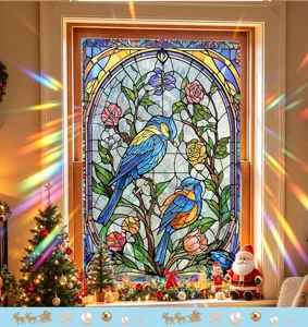 Vibrant stained glass window sticker featuring blue birds and flowers for Christmas decor