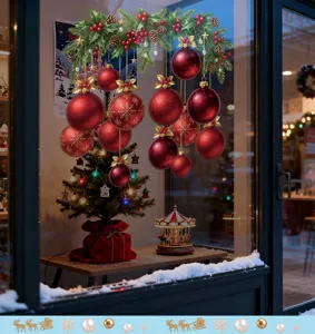 Autocollants de fenêtre boules de Noël rouges festives avec branches de sapin et baies