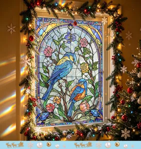 Detailed view of colorful stained glass window decal featuring blue birds and flowers