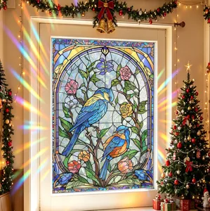 Stained glass window film with birds and flowers creates a rainbow prism light effect