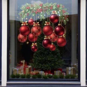 Stickers de Fenêtre Boules Rouges de Noël Recto Verso Statique Branche de Pin Pomme de Pin Autocollants Porte Vitrée Fête
