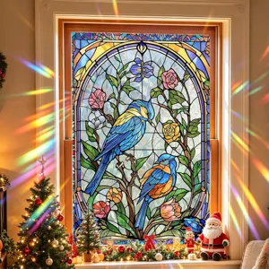 Stained glass window film featuring colorful birds and floral designs for Christmas decor.